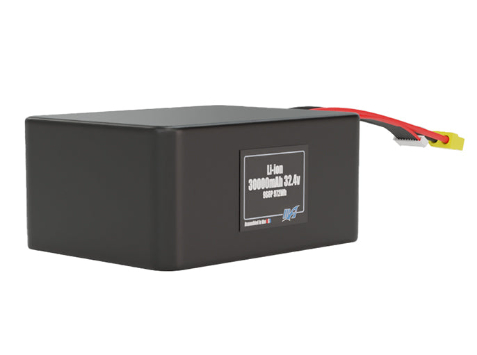 Rendered view of a slim 30000mAh Lithium-Ion pack, used in large UAV and defense-grade robotics projects.