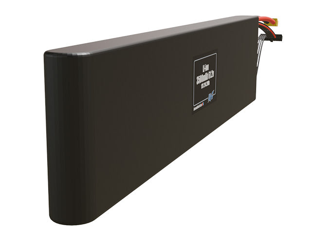 Rendered view of a slim 3500mAh Li-ion pack, used in small UAV and defense-grade robotics projects.
