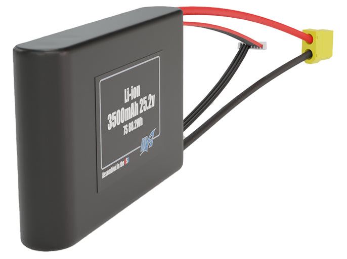 Rendered view of a slim 3500mAh Li-ion pack, used in small UAV and defense-grade robotics projects.