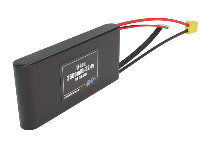 Rendered view of a slim 3500mAh Li-ion pack, used in small UAV and defense-grade robotics projects.