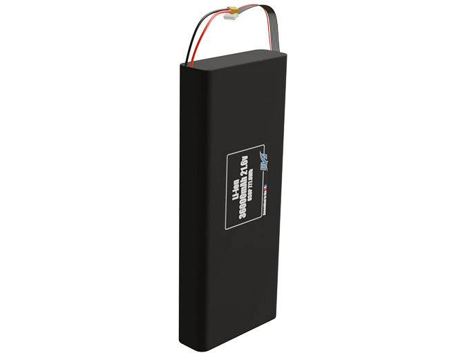 Rendered view of a slim 36000mAh Lithium-Ion end to end pack, used in large UAV and defense-grade robotics projects.