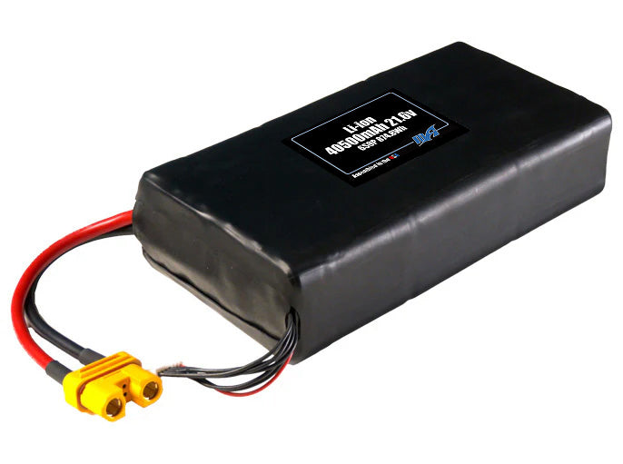 Rendered view of a slim 40500mAh Lithium-Ion pack, used in large UAV and defense-grade robotics projects.