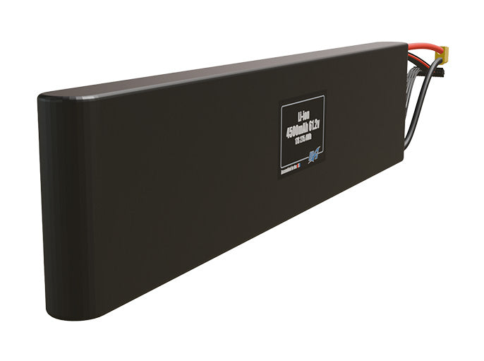 Rendered view of a slim 4500mAh Li-ion pack, used in small UAV and defense-grade robotics projects.