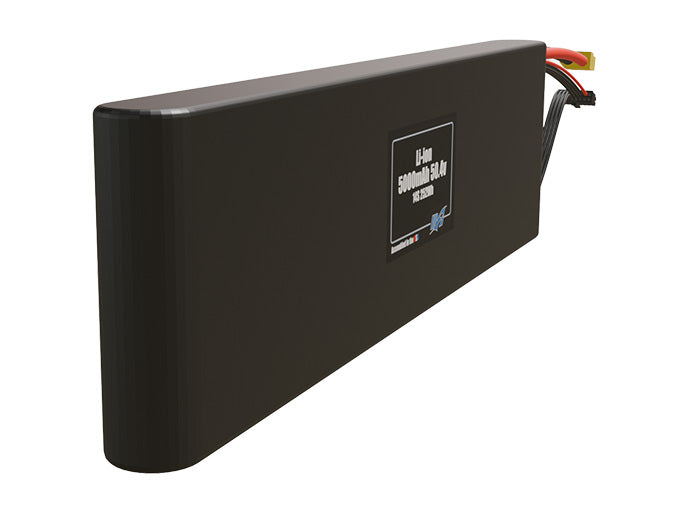 Rendered view of a slim 5000mAh Li-ion pack, used in small UAV and defense-grade robotics projects.