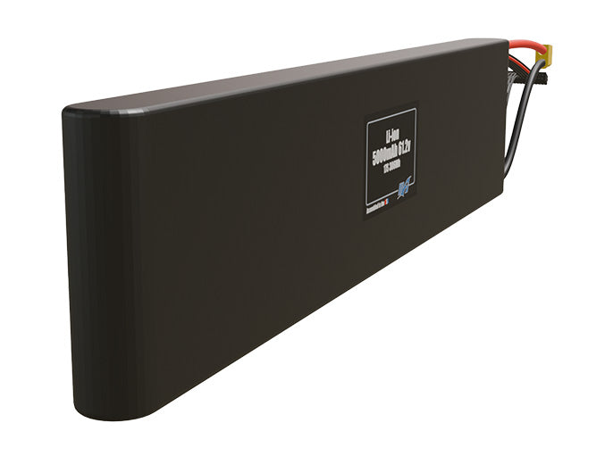 Rendered view of a slim 5000mAh Li-ion pack, used in small UAV and defense-grade robotics projects.