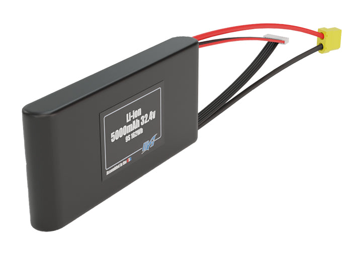 Rendered view of a slim 5000mAh Li-ion pack, used in small UAV and defense-grade robotics projects.