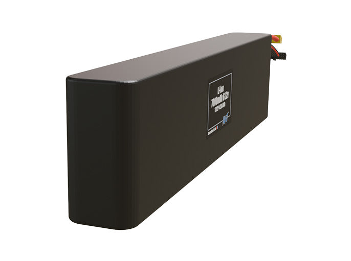 Rendered view of a slim 7000mAh Lithium-Ion pack, used in UAV and defense-grade robotics projects.