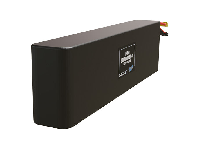 Rendered view of a slim 9000mAh Li-ion pack, used in small UAV and defense-grade robotics projects.