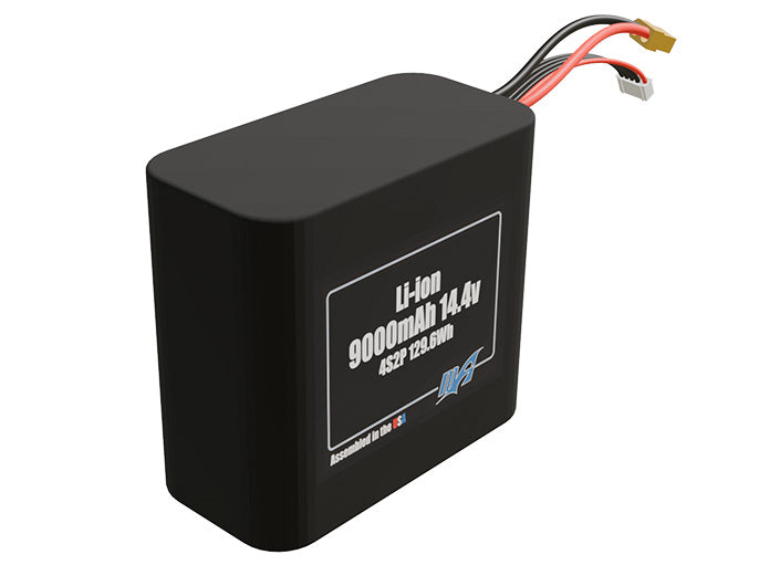 Rendered view of a slim 9000mAh Li-ion pack, used in small UAV and defense-grade robotics projects.
