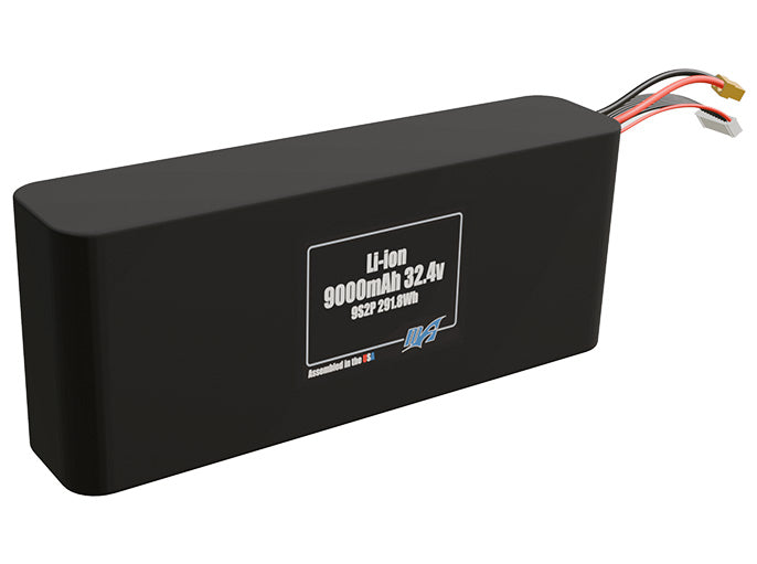 Rendered view of a slim 9000mAh Li-ion pack, used in small UAV and defense-grade robotics projects.