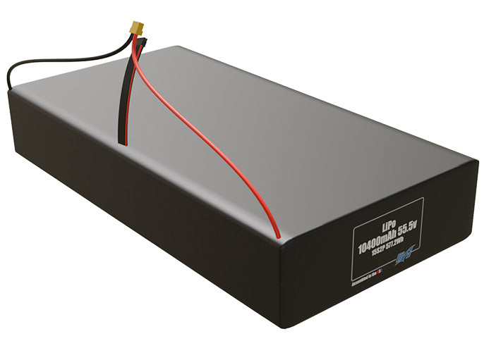 Rendered view of a slim 10400mAh LiPo pack, used in large UAV and defense-grade robotics projects.