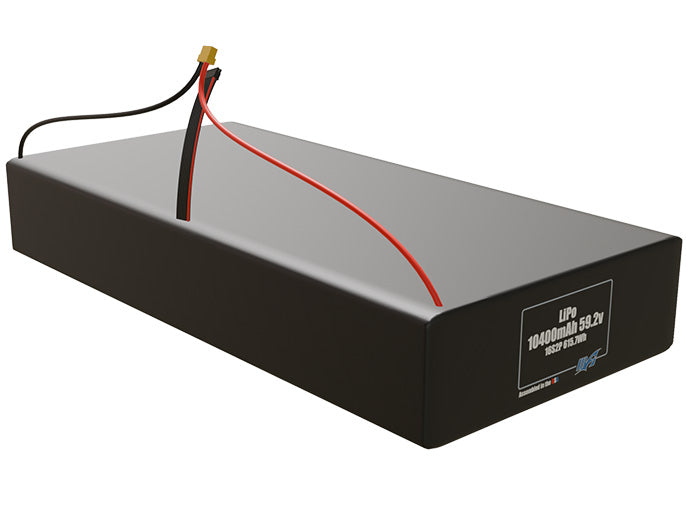 Rendered view of a slim 10400mAh LiPo pack, used in large UAV and defense-grade robotics projects.
