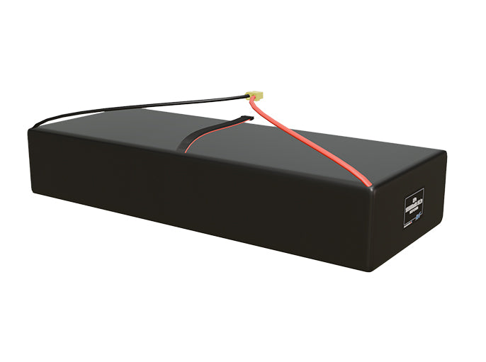 Rendered view of a slim 105000mAh LiPo pack, used in large UAV and defense-grade robotics projects.