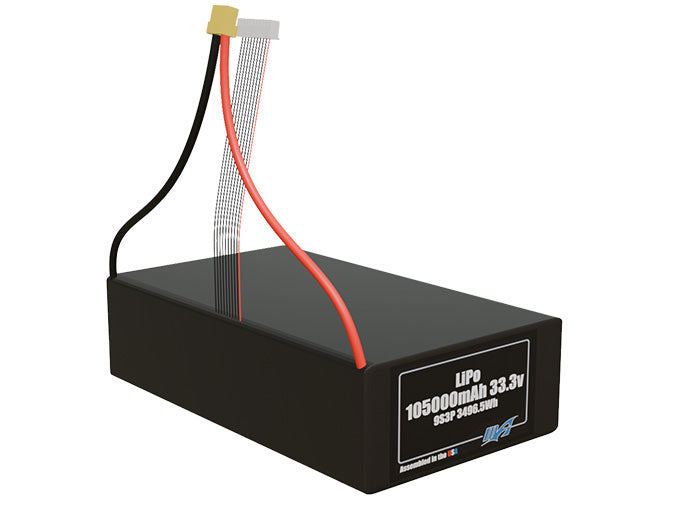 Rendered view of a slim 105000mAh LiPo pack, used in large UAV and defense-grade robotics projects.