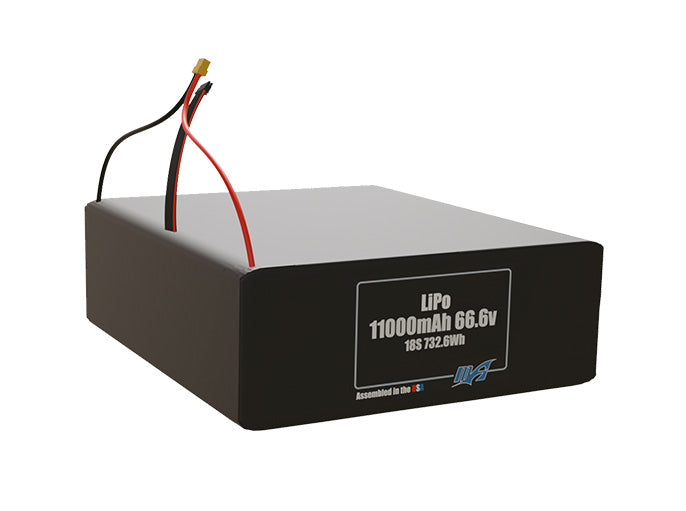 Rendered view of a slim 11000mAh LiPo pack, used in large UAV and defense-grade robotics projects.