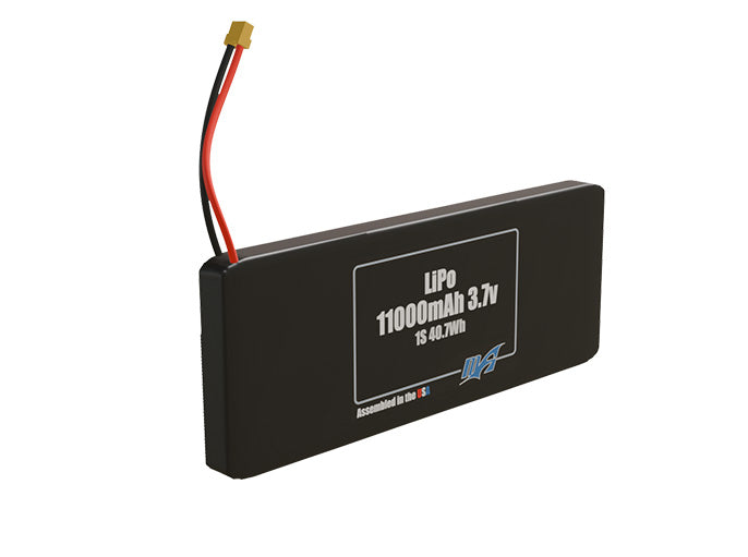 Rendered view of a slim 11000mAh LiPo pack, used in large UAV and defense-grade robotics projects.