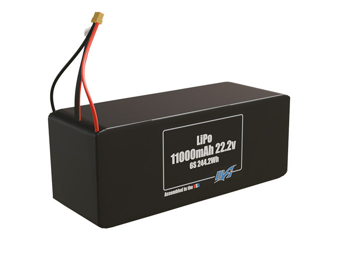 Rendered view of a slim 11000mAh LiPo pack, used in large UAV and defense-grade robotics projects.