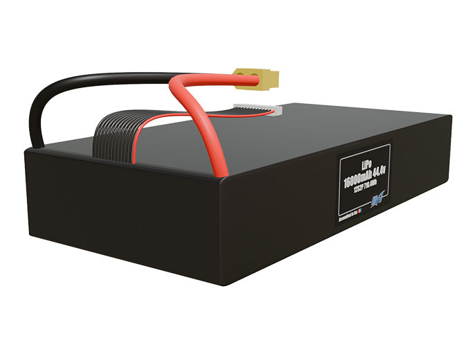 Rendered view of a slim 16000mAh LiPo end-to-end pack, used in large UAV and defense-grade robotics projects.