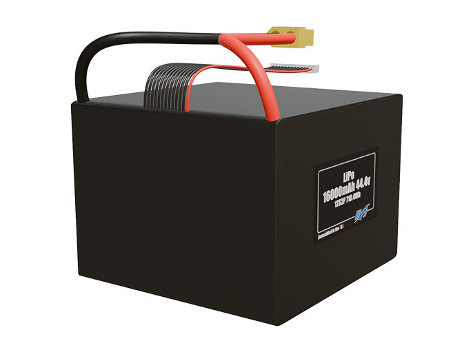Rendered view of a slim 16000mAh LiPo pack, used in large UAV and defense-grade robotics projects.