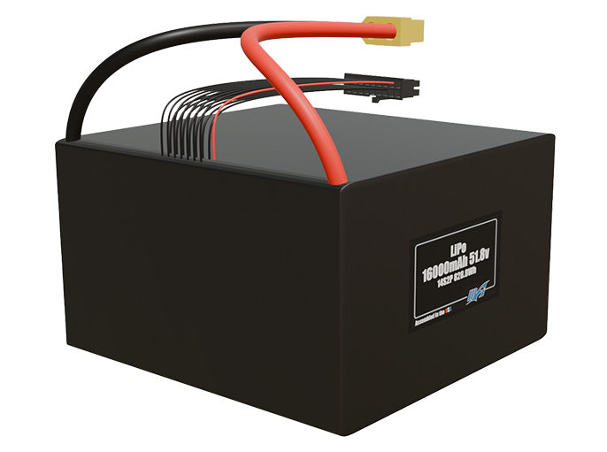 Rendered view of a slim 16000mAh LiPo pack, used in large UAV and defense-grade robotics projects.