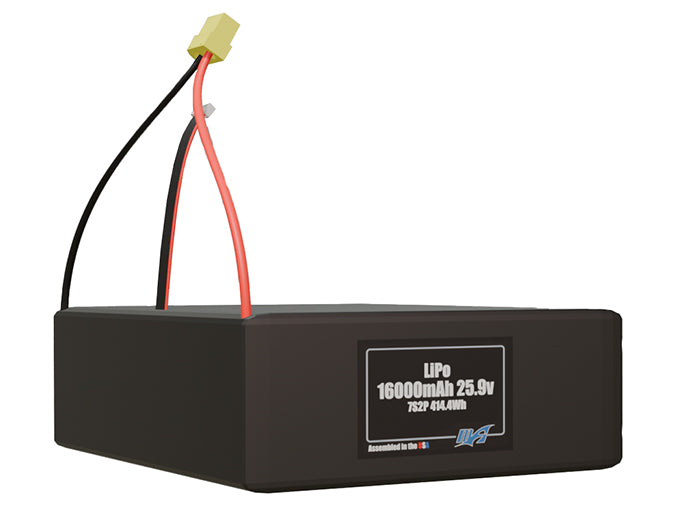 Rendered view of a slim 16000mAh LiPo pack, used in large UAV and defense-grade robotics projects.