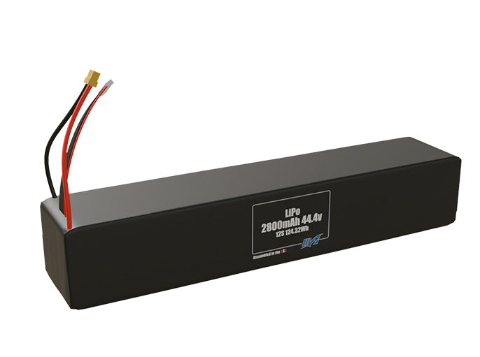 Rendered view of a slim 2800mAh LiPo pack, used in large UAV and defense-grade robotics projects.