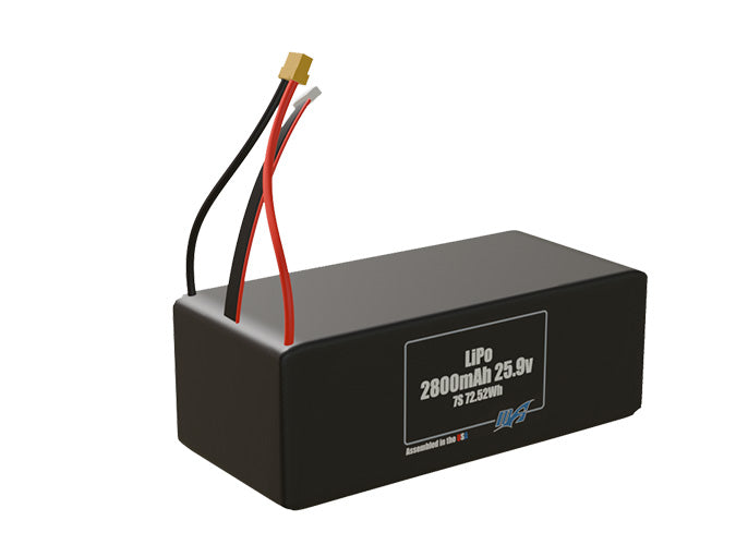Rendered view of a slim 2800mAh LiPo pack, used in small UAV and defense-grade robotics projects.
