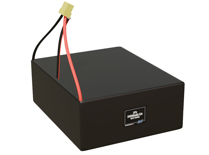 Rendered view of a slim 34000mAh LiPo pack, used in large UAV and defense-grade robotics projects.