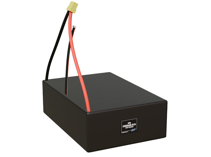 Rendered view of a slim 34000mAh LiPo pack, used in large UAV and defense-grade robotics projects.