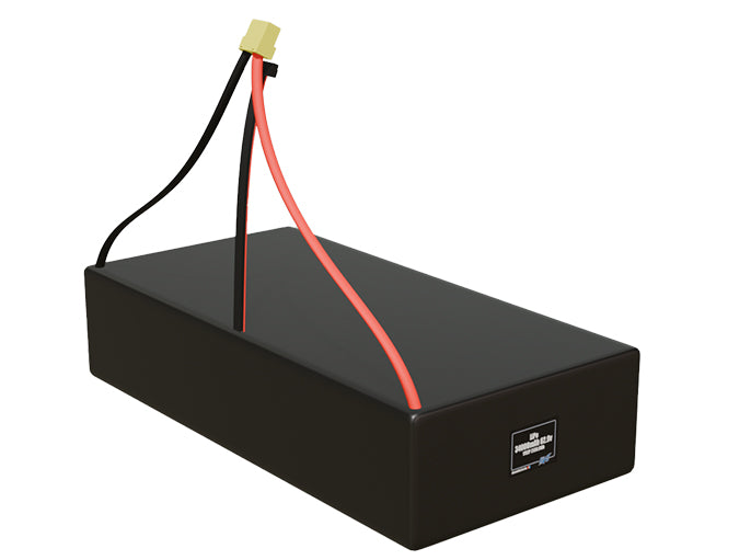Rendered view of a slim 34000mAh LiPo pack, used in large UAV and defense-grade robotics projects.
