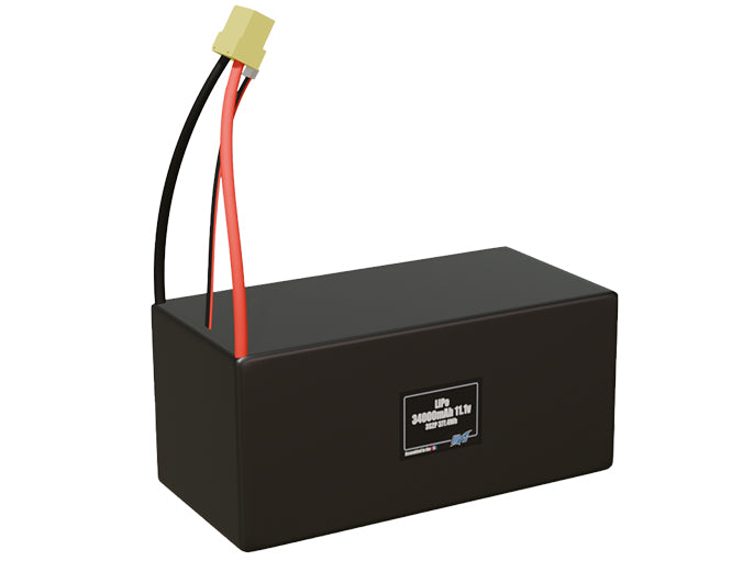 Rendered view of a slim 34000mAh LiPo pack, used in large UAV and defense-grade robotics projects.