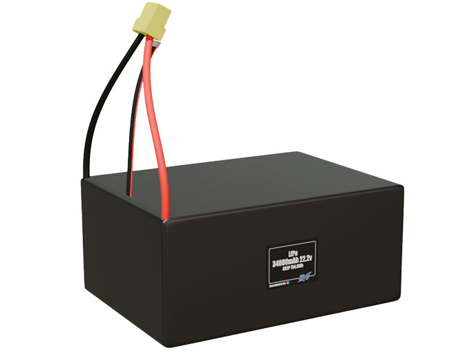 Rendered view of a slim 34000mAh LiPo pack, used in large UAV and defense-grade robotics projects.