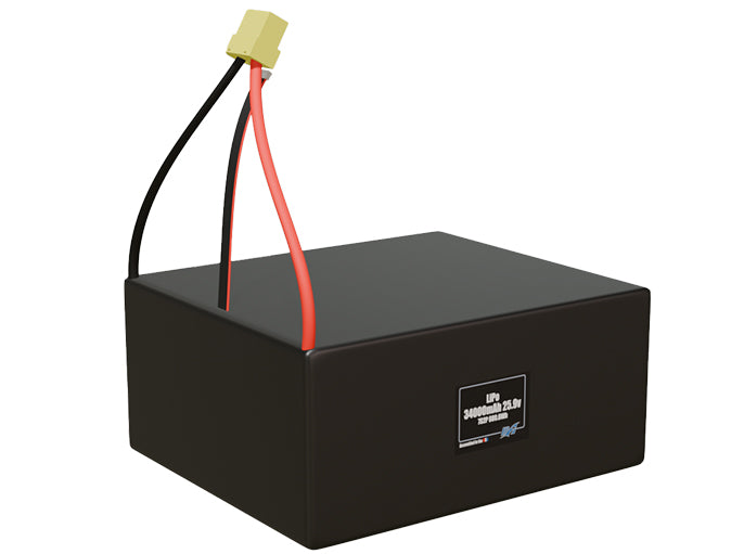 Rendered view of a slim 34000mAh LiPo pack, used in large UAV and defense-grade robotics projects.