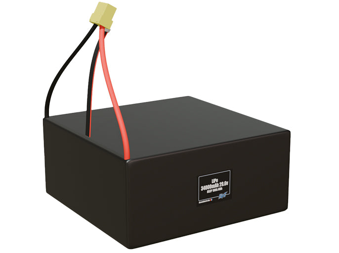 Rendered view of a slim 34000mAh LiPo pack, used in large UAV and defense-grade robotics projects.