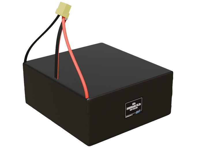 Rendered view of a slim 34000mAh LiPo pack, used in large UAV and defense-grade robotics projects.