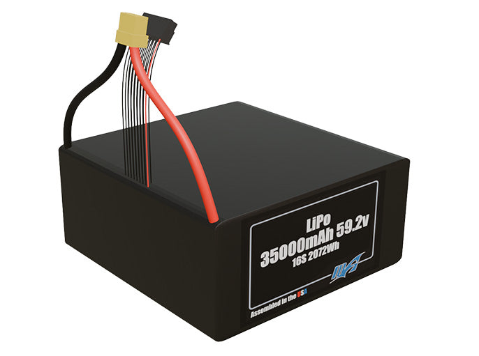 Rendered view of a slim 35000mAh LiPo pack, used in large UAV and defense-grade robotics projects.