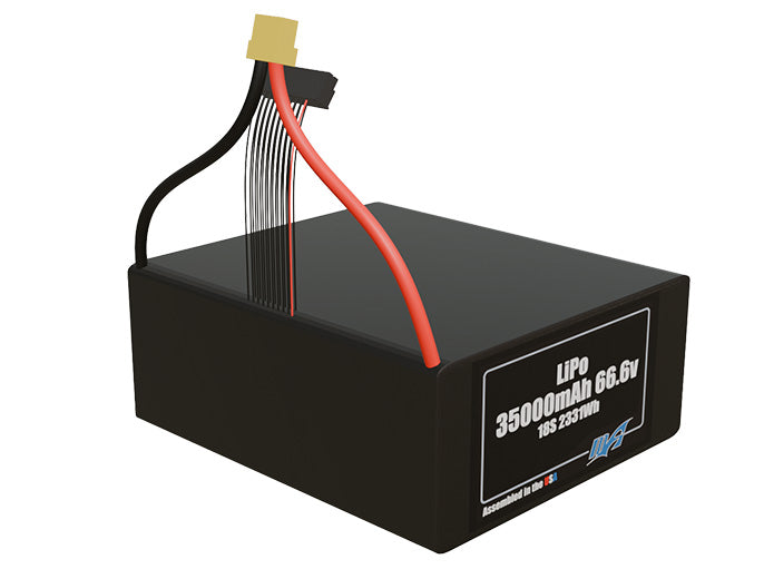 Rendered view of a slim 35000mAh LiPo pack, used in large UAV and defense-grade robotics projects.