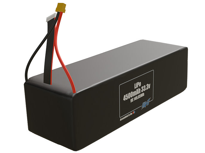 Rendered view of slim 4500mAh LiPo cells, used in UAV and defense-grade robotics projects.