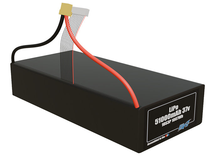 Rendered view of a slim 51000mAh LiPo pack, used in large UAV and defense-grade robotics projects.