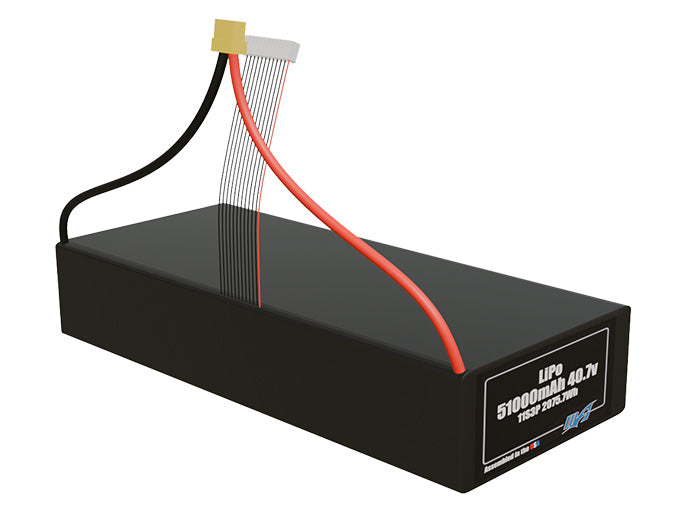 Rendered view of a slim 51000mAh LiPo pack, used in large UAV and defense-grade robotics projects.