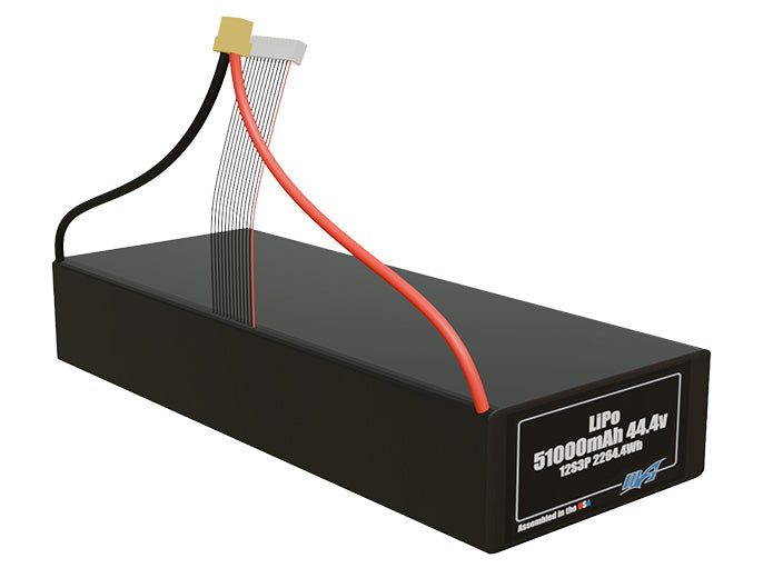 Rendered view of a slim 51000mAh LiPo pack, used in large UAV and defense-grade robotics projects.