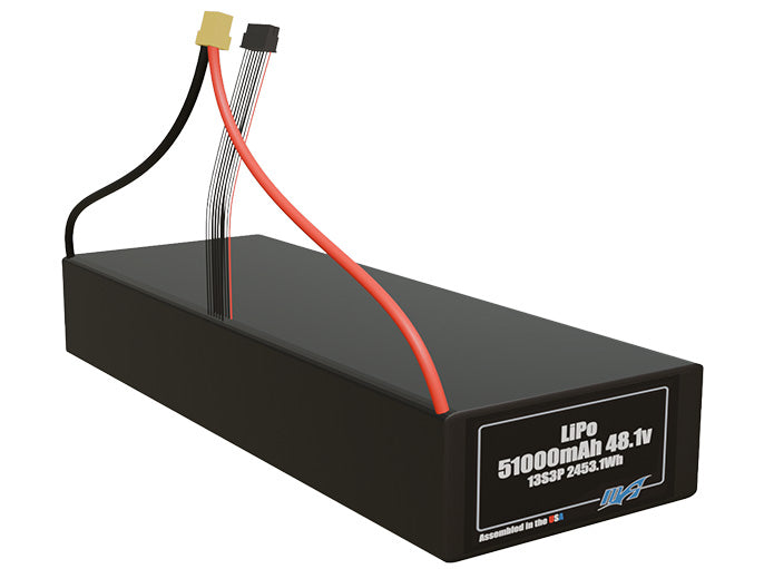Rendered view of a slim 51000mAh LiPo pack, used in large UAV and defense-grade robotics projects.