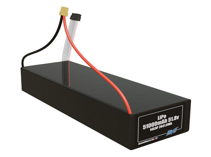 Rendered view of a slim 51000mAh LiPo pack, used in large UAV and defense-grade robotics projects.