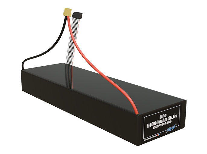 Rendered view of a slim 51000mAh LiPo pack, used in large UAV and defense-grade robotics projects.