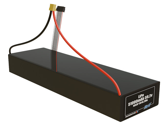Rendered view of a slim 51000mAh LiPo pack, used in large UAV and defense-grade robotics projects.