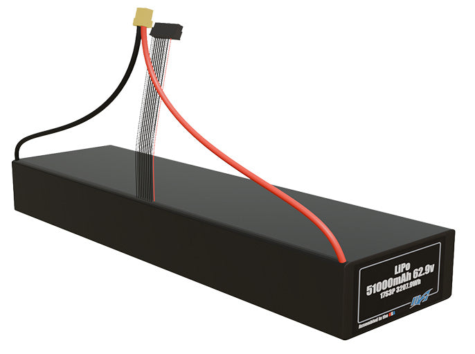 Rendered view of a slim 51000mAh LiPo pack, used in large UAV and defense-grade robotics projects.