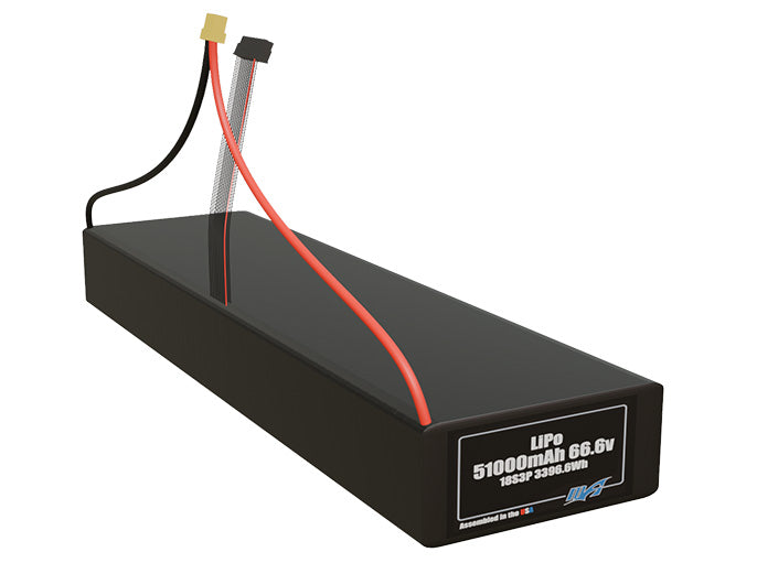 Rendered view of a slim 51000mAh LiPo pack, used in large UAV and defense-grade robotics projects.