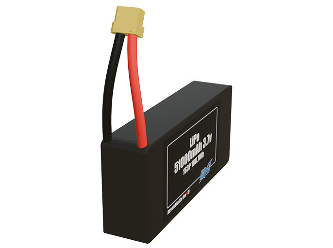 Rendered view of a slim 51000mAh LiPo pack, used in large UAV and defense-grade robotics projects.