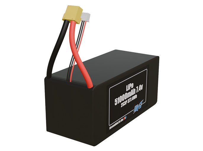 Rendered view of a slim 51000mAh LiPo pack, used in large UAV and defense-grade robotics projects.