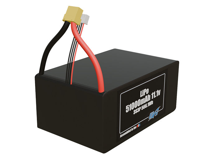 Rendered view of a slim 51000mAh LiPo pack, used in large UAV and defense-grade robotics projects.